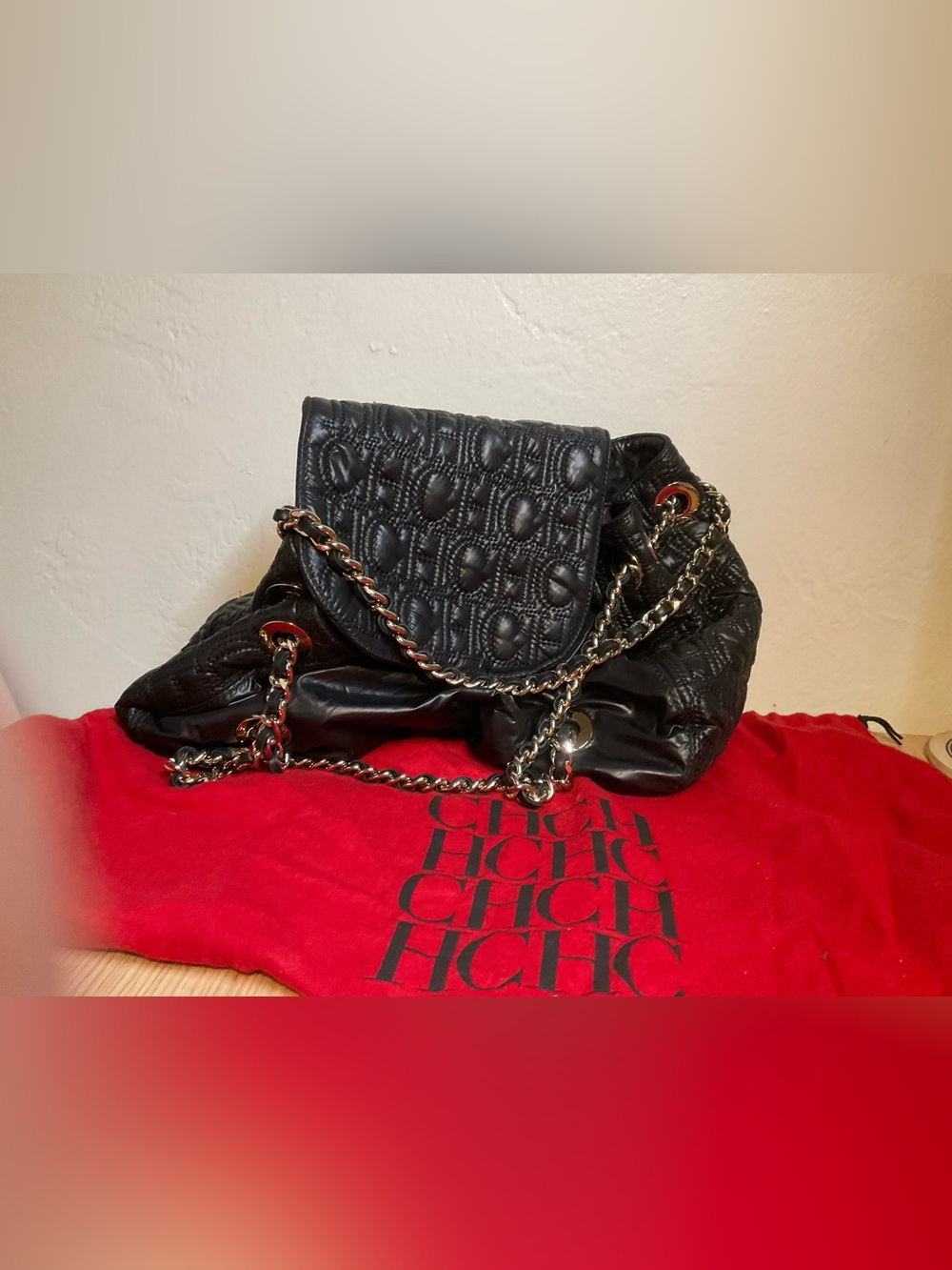Carolina Herrera Black Quilted Shoulder Bag with Gold Chain